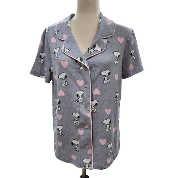 Peanuts Valentines Day Womens Snoopy Gray‎ Pajama Set With Pink Hearts Size L - Picture 3 of 15